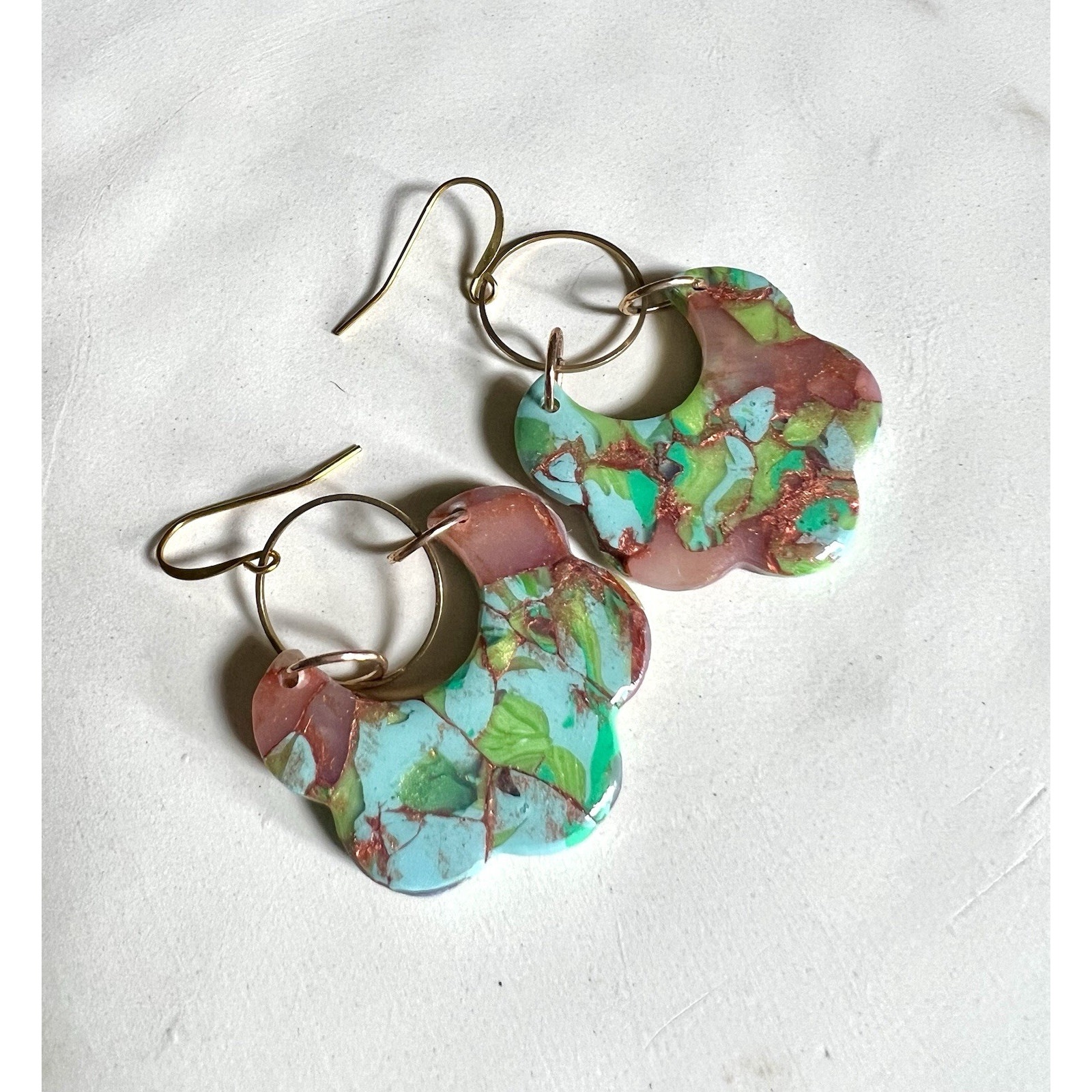 Earrings Statement Earrings Handcrafted Gold Green Turquoise Scalloped Arches